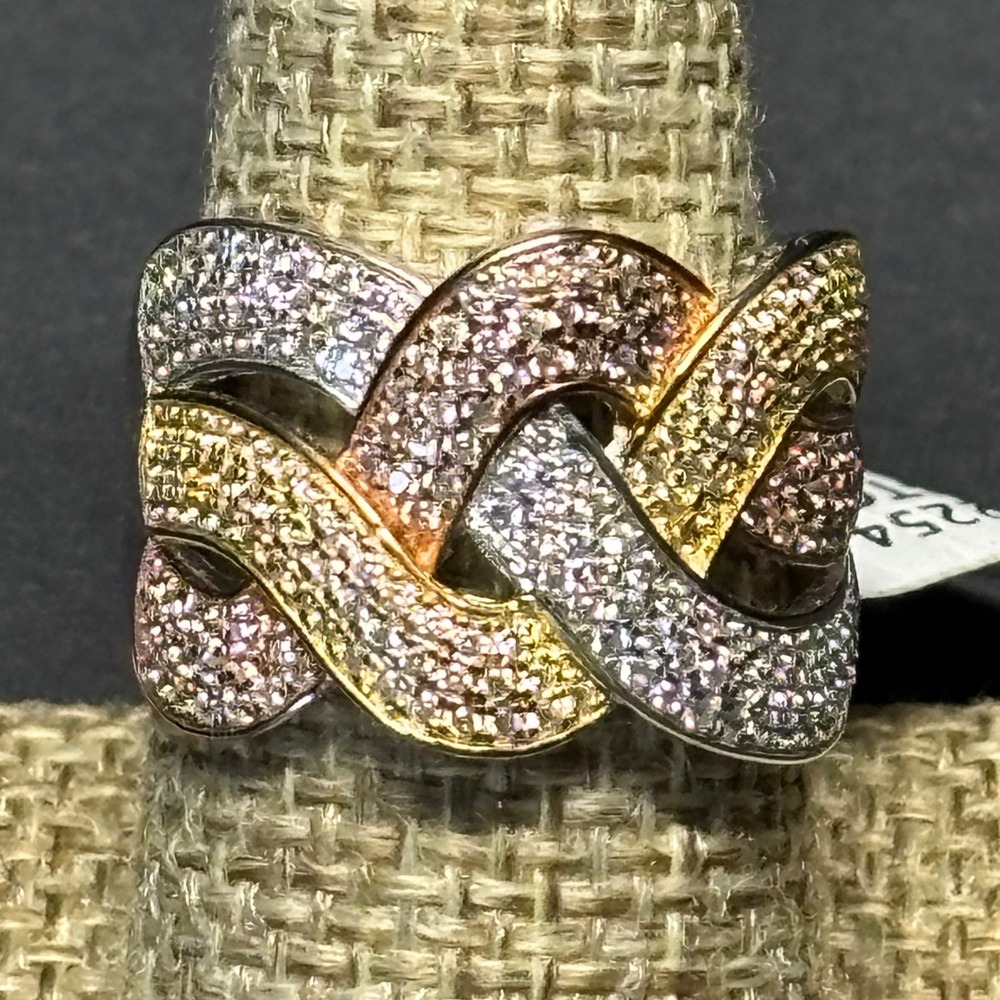 Sterling Silver 925 Pavé CZ Three Tone Interlocking Woven Knot Ring Size 9 6.7g